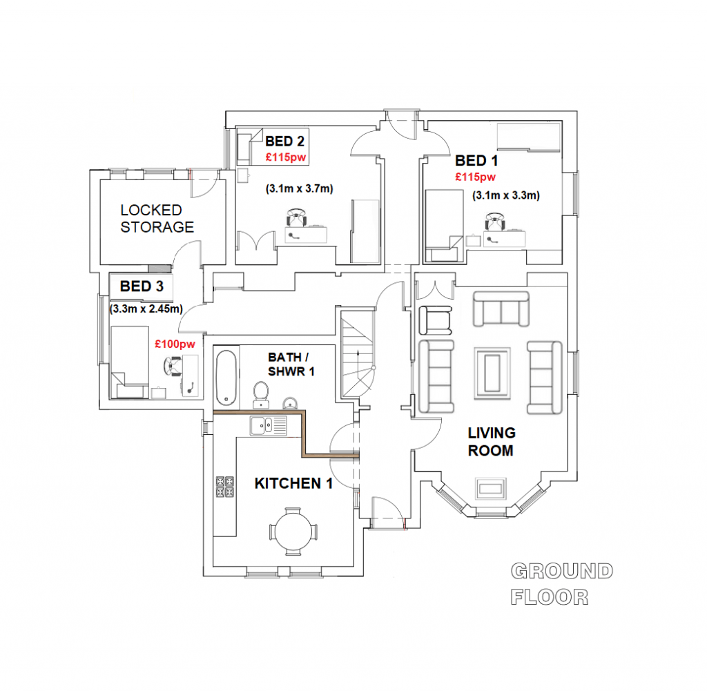 Ground Floor Plan - Bedrooms 1 to 3 Costs & Sizes